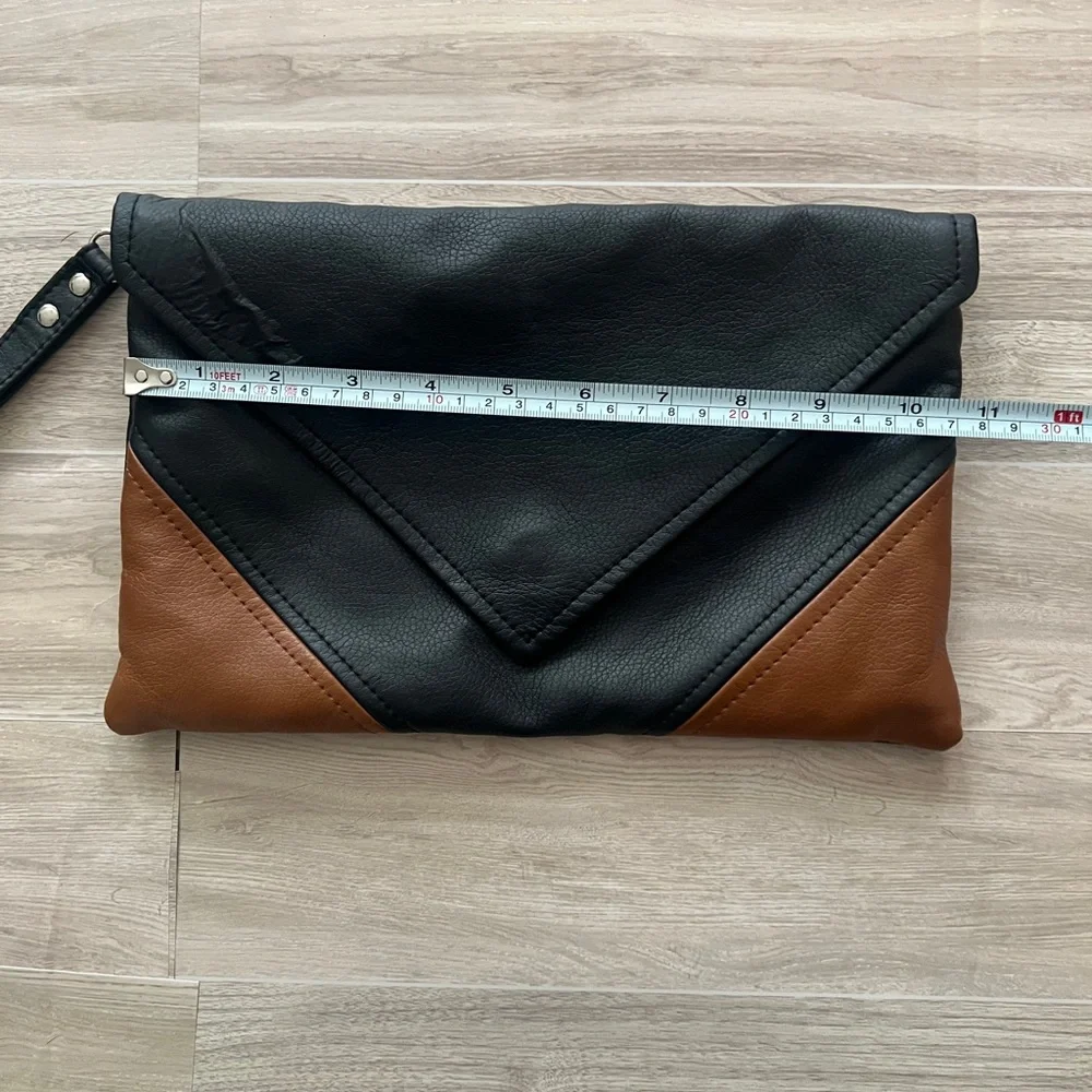 Two-Tone Black and Brown Envelope Vegan Leather Clutch